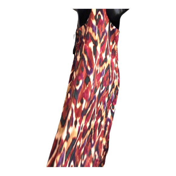 Nicole Miller brown gold ikat style v-neck satin effect maxi dress size small - Picture 12 of 13